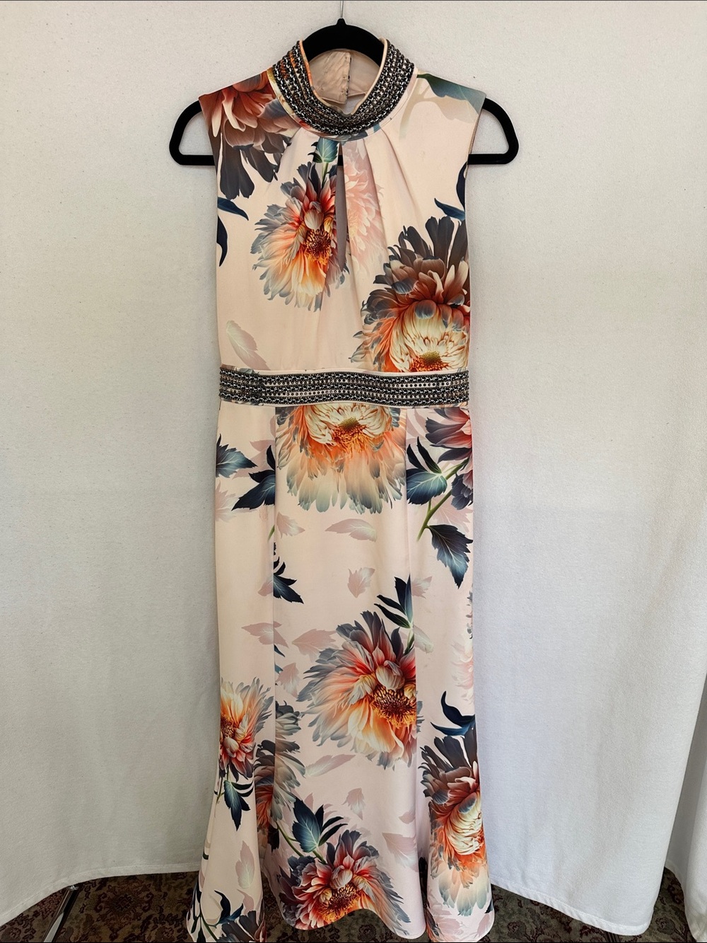 Karen Millen Blush Floral Maxi Dress with Beaded Neckline